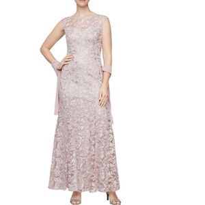 Alex Evenings Wisteria Rose Lace Cap Sleeve Maxi Gown with Shawl Size 12